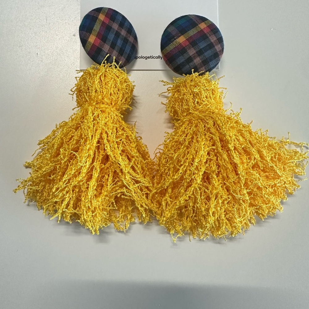 Yellow Tassel Earrings with Plaid Accents